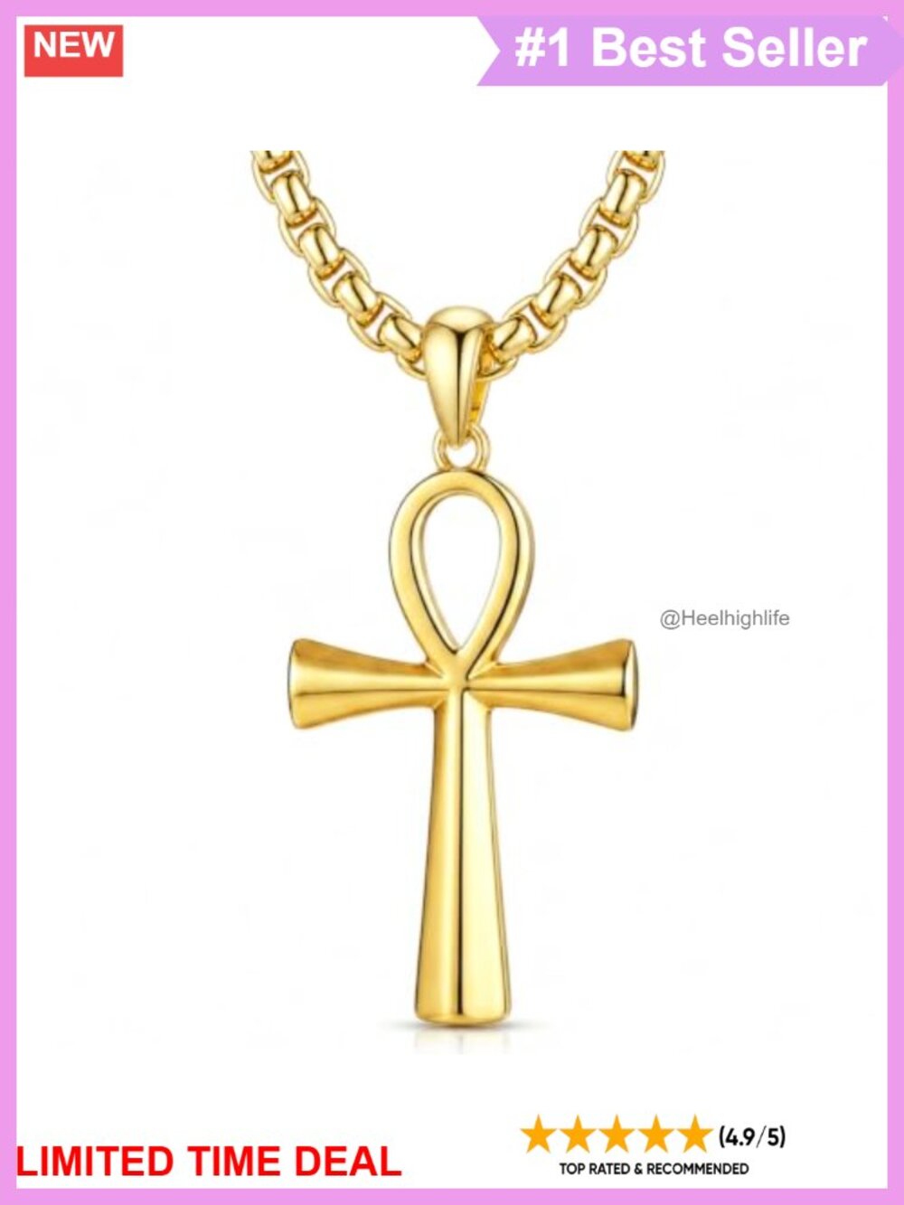 18K Gold Ankh Cross Pendant Necklace Mens Minimalist Egyptian Amulet Jewelry